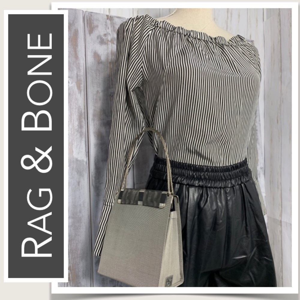 Rag & Bone Silk “Greta” Blouse in Black & White, Thin-Stripes, Off-the-Shoulder - Picture 3 of 10